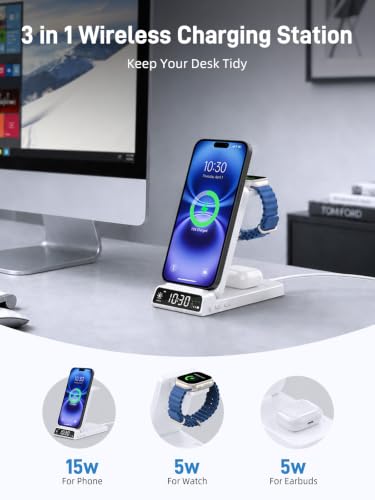 3 in 1 Charging Station for Apple, Travel Wireless Charger with Clock | ELECDOV Magnetic Charger for iPhone, Foldable Watch Charger Stand for iPhone 17/Air/16/15 Series, iWatch 10/AirPods 4 (White) - color: white