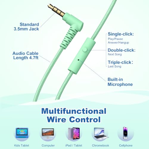 AILIHEN I35 Kids Headphones for School with Mic, 93dB Safe Volume, Green | Wired On Ear Headphones for Kids Girls, Foldable Lightweight Headphone for Classroom Learning & Entertainment Travel Computer - color: Aqua Green