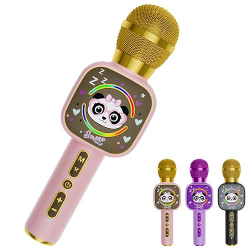 Kids Karaoke Microphone Mini, Bluetooth Voice Changer Toy Ages 3-12, Pink | LED Party Lights, Rechargeable Portable, Long Playtime, Duets, BT 5.3, Christmas Birthday Gifts for Toddler Boys & Girls - color: pink - 1
