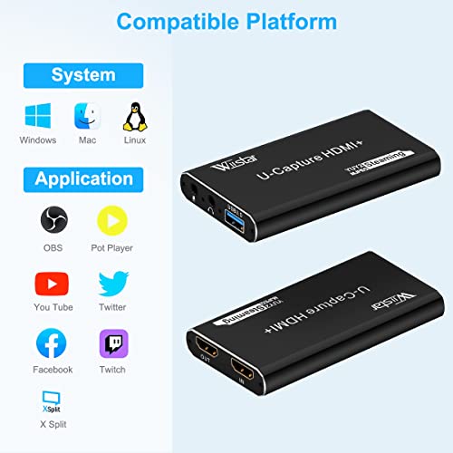 4K Audio Video Capture Card, Recording Card with Microphone HDMI Loop-Out，HDMI to 1080P USB 3.0 for Gaming Streaming TV Recorder, Live Streaming Broadcasting