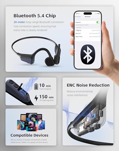 Bone Conduction Headphones,Bluetooth 5.4 Open Ear Headset Black | Built-in Mic, 18H Playtime, 27g Ultra Lightweight, IPX6 Sweatproof, Ideal for Running, Cycling & Gym Workout - color: Black