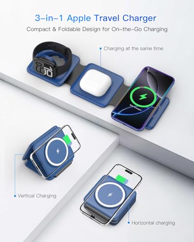 Iseyyox Charging Station for Apple Devices - 3 in 1 Magnetic Foldable Wireless Charger Dock - Travel Charging Pad for MagSafe iPhone 17 16 15 14 13 12 Pro Max Plus Watch & Airpods - color: Blue