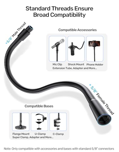19" Microphone Gooseneck Extension, 5/8-27 Thread, 360° Swivel, Heavy Duty | 2.5 lb High Load Capacity, Flexible Metal Arm, Durable Build, Supports Mic/Webcam/Phone for Podium, Lecture, Recording, DIY - size: 19 Inch Gooseneck