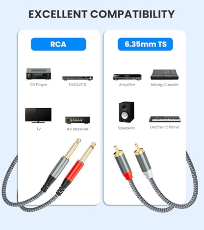 RCA to 1/4 Cable 3.3ft, Gold-Plated Dual RCA Male to Dual 1/4 inch (6.35 mm) TS Male Stereo Audio Interconnect Cable Patch Cord for AV Receivers, Amplifiers, Speaker - size: 1m/3.3ft