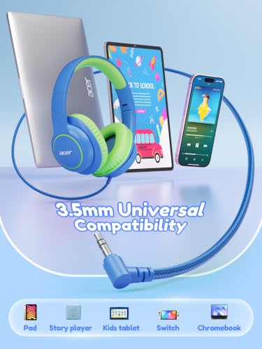 Acer OHW328 Kids Headphones Wired for School - Over Ear Design | 85/94dB Safe Volume, 3.5mm Jack Foldable Headphones for Kids Boys Girls Classroom Yoto Player Chromebook Travel Blue Green - color: Blue Green