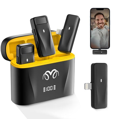 threesheep 2 Pack Wireless Mini Mic for iPhone 14/13/12, Lightning RX | Lav Mic with Noise Reduction, 24H Charging Case, Clip-On 2 mics for iPhone Video Recording, Vlog, Podcast, TikTok, YouTube