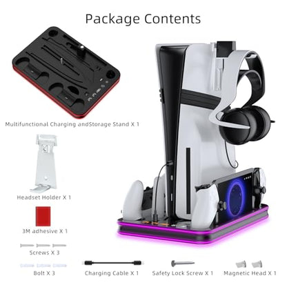 PS5 Pro/Slim/PS5 Stand and Cooling Station with RGB Lighting,Charging Station for PlayStation Portal & P5 Controller, PS Portal Charger,Headset and Remote Holders (Black) - color: Black