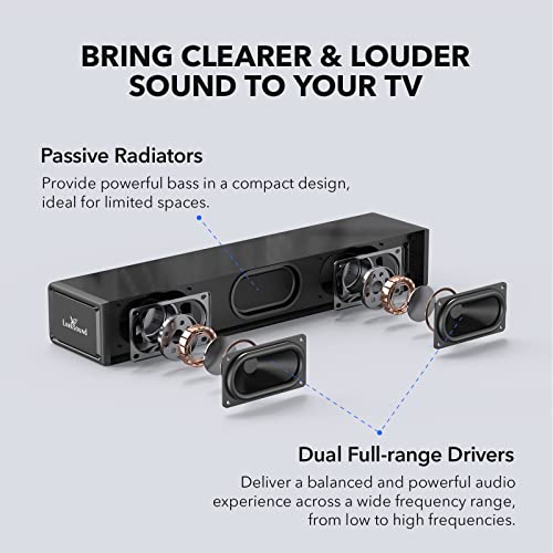 LARKSOUND Small Sound Bar for TV, PC and Gaming, 16 Inch Mini Soundbar | 60W compact TV soundbar with 4 EQ modes, Night Mode, HDMI ARC, Optical, AUX, USB & Bluetooth 5.0 - size: 16 inch