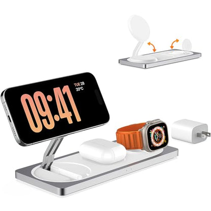 3 in 1 Wireless Charging Station for Apple Devices with MagSafe | For iPhone 17/Air/16/15/14/13/12, AirPods & Apple Watch, Foldable Portable Aluminum Charging Stand, Adapter Included - color: Silver