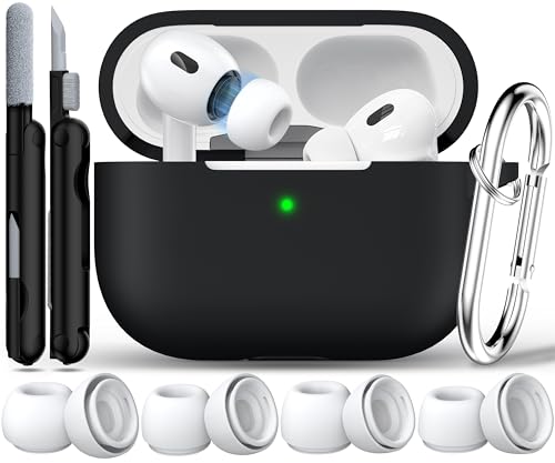 RFUNGUANGO for AirPods Pro 2 Case Cover, Black | Silicone Protective Case with Cleaning Kit Keychain, Compatible with AirPods Pro 2nd/1st Generation, Wireless Charging - color: A-A-Black, size: AirPods Pro 2nd/1st Case