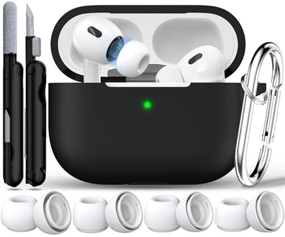 RFUNGUANGO for AirPods Pro 2 Case Cover, Black | Silicone Protective Case with Cleaning Kit Keychain, Compatible with AirPods Pro 2nd/1st Generation, Wireless Charging - color: A-A-Black, size: AirPods Pro 2nd/1st Case
