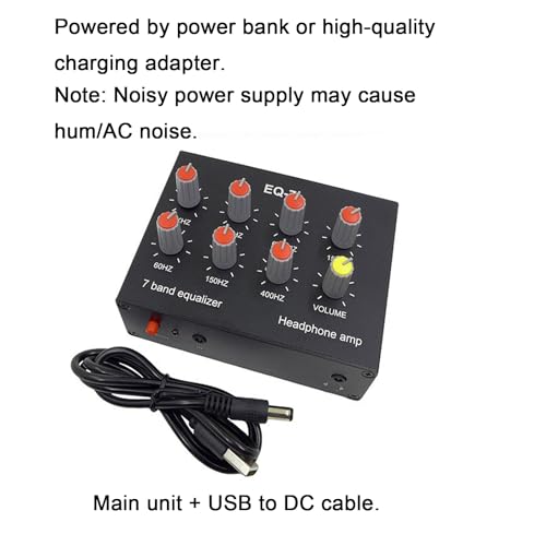 EQ-7 Mini 7 Band Equalizer and Headphone Amp, RCA 3.5mm Input | TL074 and NE5532 chips, level knobs, 16 to 600 ohm drive, for home audio, speaker, and gaming setups.