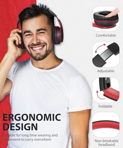 rockpapa E7 Wired/Wireless Bluetooth Headphones with Mic, 25 Hours Playtime | 2 in 1 Wire less Blue tooth Head Phones Foldable Lightweight for Kids Boys Girls Youth in School Airplane Car Black Red - color: Black Red, style: without Case