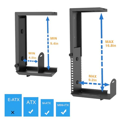 Universal Wall or Under Desk CPU Mount, Small PC/NAS Bracket – 4.5 to 9.2 inch Wide Computer Holder, Space-Saving Design with Safety Lock,Max Load 32Lbs