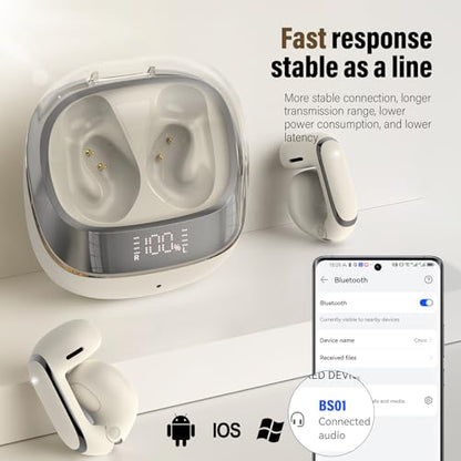Clip On Ear Buds,Open Ear Headphones,Bluetooth 5.4 HiFi Stereo Clip Earbuds | 42H, LED Display Wireless EarBuds, Comfortable Lightweight, IP7 Waterproof Earphones, Earbud for Workout Running, White