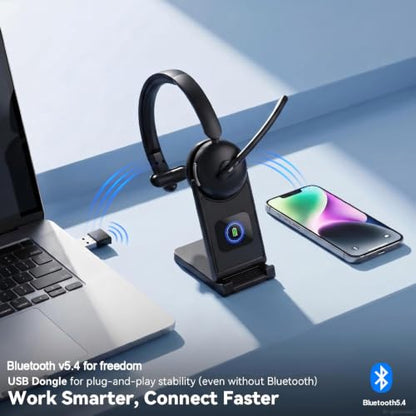 Wireless Headset with Mic for Work, Bluetooth Headset with Microphone AI Noise Cancelling, 65H Battery Headset with Microphone for PC with Fast Charge & Mute Button for Laptop/Call Center/Computer