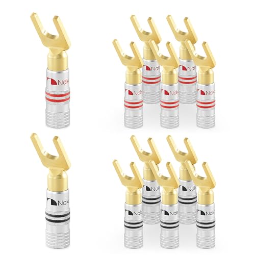 Nakamichi GrubLock 24k Gold Plated Spade Y Banana Plugs, 10-18 AWG | Excel Series, Gauge Size 4mm for Speakers Amplifier Hi-Fi AV Stereo Audio Wire Cable Screw Connector, 12 Pcs (6-Pairs) - size: 12 Pcs (6-Pairs)