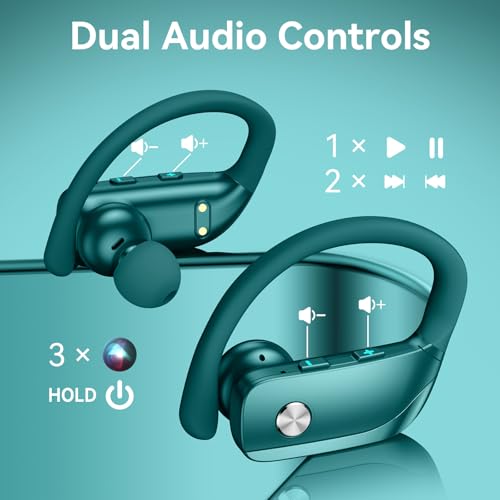 bmani Ear Buds Wireless Earbuds Bluetooth Headphones with 80H Playtime LED Display Case, Over-Ear Hook with Mic, Stereo Sound, Easy Button Controls, Sports Earphones for Running Workout Gym Green - color: Green, style: Standard
