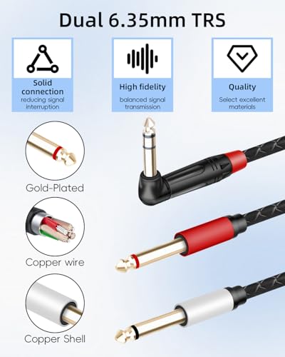 Guitar Cable Right Angle 1/4 inch TRS Stereo to Dual 1/4 inch TS Mono Insert Cable,Stereo Y Splitter Cable,90 Degree 6.35mm Male to Dual 6.35mm Male Audio Cord(5.9FT/1.8M) - style: 90 6.35 TRS to Dual 6.35 TS(5.9FT/1.8M)
