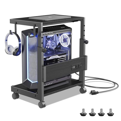 Computer Tower Stand with Charging Station, for Small and Mid-Tower PCs | Height Adjustable PC Stand with Wheel, CPU Holder with 2 AC Outlets + 2 USB Ports, 2-Tier Storage, Durable Metal Frame - color: Black