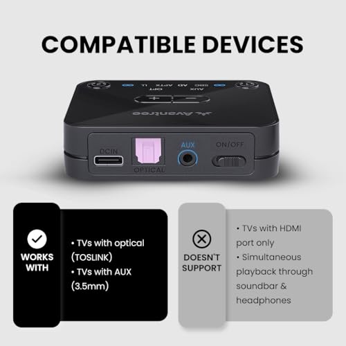 Avantree Audikast Plus – Bluetooth Audio Transmitter for TVs with Optical & AUX, Supports 2 Headphones, aptX-Adaptive Low Latency, Built-in Volume Control, 100ft Range - style: Audikast Plus