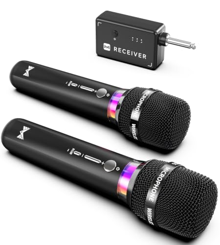 Wireless Microphone, Rechargeable Wireless Microphones with One-to-One Chip Connection and LED Lights, 40H Duration, 200FT Range Receiving, Less Latency Karaoke Microphone for Singing, Speech, Party - color: Black