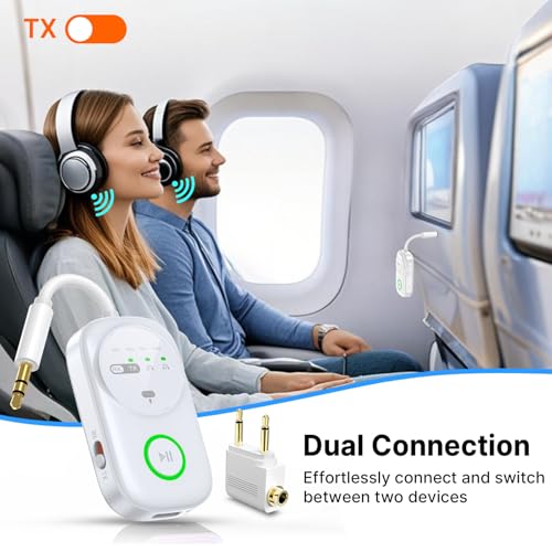 Bluetooth 5.4 Transmitter Receiver for 2 AirPods/Headphones, 2-in-1 Wireless Adapter with Microphone, Audio Adapter with 3.5mm Audio Jack, Suitable for Airplane, Car, TV, PC, Home Stereo - color: White