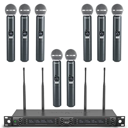 Phenyx Pro 8-Channel UHF Auto Scan Wireless Microphone System,PTU-6000-8H | 8 x 40 Frequencies, 328 ft Range, 8 Dynamic Handheld Microphones for Singing, Church, Karaoke, Wedding, Speaking, Party