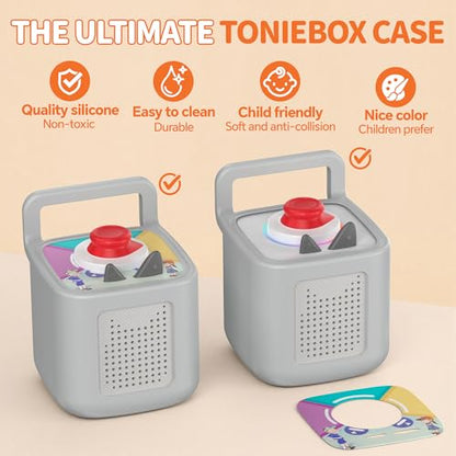 Silicone Protective Cover for Toniebox 2 Audio Player, Shockproof Anti Slip Silicone Case with Handle, Soft Easy Grip Cover, Easy to Clean Durable Sleeve (Gray) - color: Gray