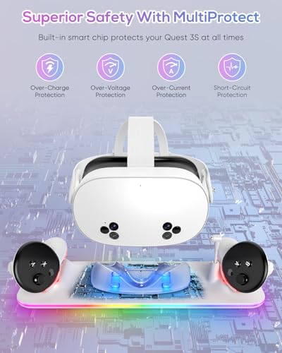 18W VR Charging Dock for Meta Quest 3S/Quest 3 Headset & Controller | Fast Magnetic VR Charging Station Stand for Oculus 3S/3 Accessories, RGB Light, 2 Rechargeable Batteries & Controller Covers - color: White