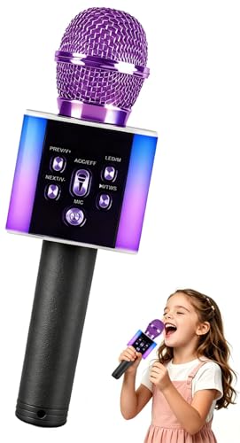 Wireless Bluetooth Karaoke Microphone for Kids & Adults, Singing Mic with Disco Lights, Voice Changer, Built-in Speaker, Portable Karaoke Player for Party & Travel Gifts(Purple) - color: purple