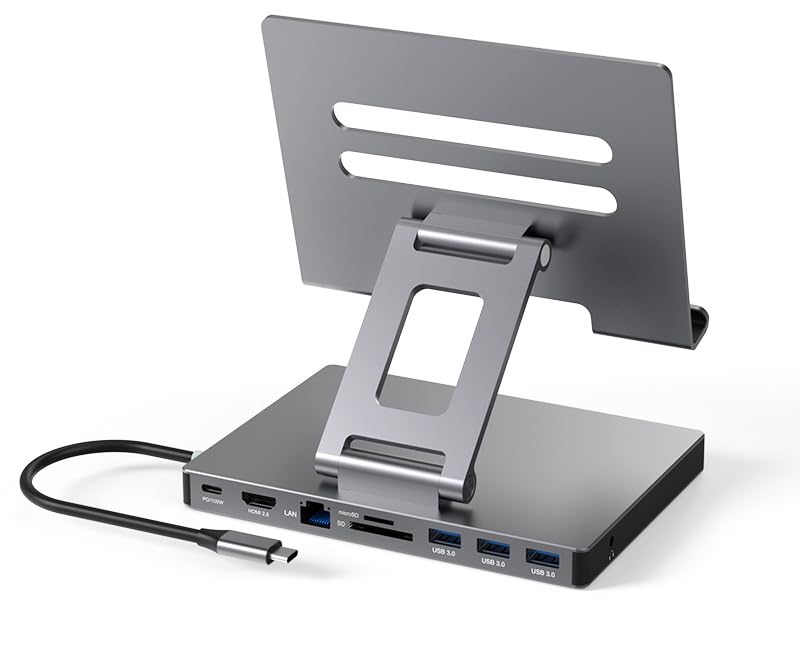 iPad USB C Hub Stand, 9-in-1 Multiport Adapter for iPad Pro M4 M3 M2 13 12.9 11 Inch Docking Station Foldable with 4K60Hz HDMI, RJ45 Gigabit Ethernet, SD/TF Card Reader, USB 3.0, 3.5 mm Audio