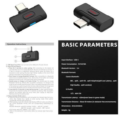 KGUSS xDuoo MX-C1 Hi-Res Bluetooth 5.4 Transmitter USB-C - Support SBC/aptX/aptX HD/aptX Adaptive/LE-AUDIO/LC3/aptx Lite, Low Latency Bluetooth Adapter for PC/Phone/Tablets/PS5/Switch