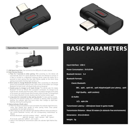 KGUSS xDuoo MX-C1 Hi-Res Bluetooth 5.4 Transmitter USB-C - Support SBC/aptX/aptX HD/aptX Adaptive/LE-AUDIO/LC3/aptx Lite, Low Latency Bluetooth Adapter for PC/Phone/Tablets/PS5/Switch