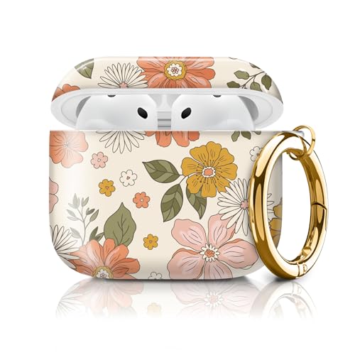 Cute Case Cover Compatible with AirPods 4th Generation 2024, Shockproof for Women & Girls with Cute Golden Round Buckle – Protective, Anti-Drop Design(Groovy Retro Boho Flower) - color: Groovy retro boho flower