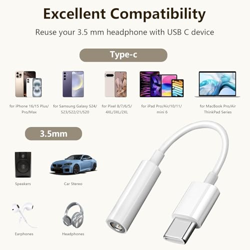 USB C to 3.5mm Headphone Jack Adapter Type C Audio Aux Cable Dongle Compatible with iPhone 16/15/15 Plus/15 Pro/15 Pro Max/iPad/Pixel, Samsung Galaxy S23 S22 S21 S20 Ultra Z Flip/Note (White, 6pcs)