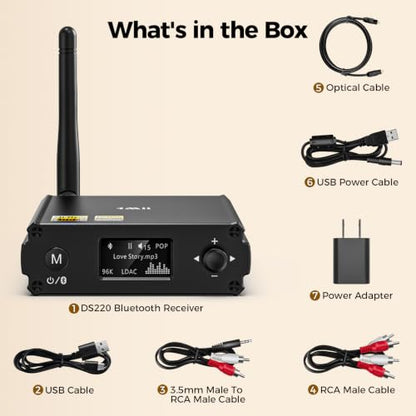 1Mii DS220 Bluetooth Receiver for Home Stereo, Hi-Res LDAC & aptX HD HiFi Audio Adapter with Audiophile DAC, Optical/RCA Outputs for Stereo System, Amplifier, OLED Display, 7 EQ
