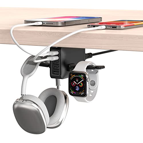 PC Gaming Headphone Headset Holder Hanger Hook, Dual Headphone Stand Under Desk with 5 Ports USB Charging Station, Suitable for Gamer Earphone Accessories as Boyfriend, Son, Husband Gifts