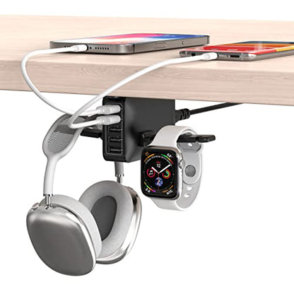 PC Gaming Headphone Headset Holder Hanger Hook, Dual Headphone Stand Under Desk with 5 Ports USB Charging Station, Suitable for Gamer Earphone Accessories as Boyfriend, Son, Husband Gifts
