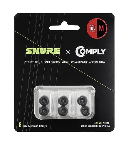 Shure Comply Foam Sleeves 100 Series - Replacement Memory Foam Tips for Shure Sound Isolating Earphones - 6 Pack (3 Pairs), Medium (EACYF1-6M) - size: Medium
