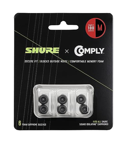 Shure Comply Foam Sleeves 100 Series - Replacement Memory Foam Tips for Shure Sound Isolating Earphones - 6 Pack (3 Pairs), Medium (EACYF1-6M) - size: Medium