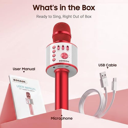 BONAOK Wireless Bluetooth Karaoke Microphone,3-in-1 Portable Handheld Mic Speaker Machine Birthday Home Party for PC or All Smartphone(Q37 Red) - color: Red