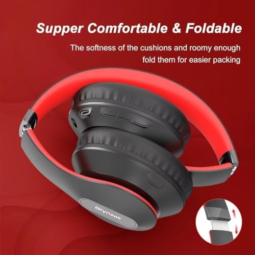 Wireless Bluetooth Headphones Over Ear V6.0 HiFi Stereo with Mic | 65H Playtime 6EQ Modes Foldable Bluetooth Headset with Microphone for Travel Smartphone Computer Laptop Black Red - color: Black