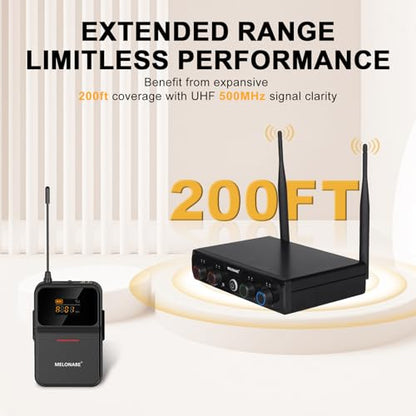 MELONARE Compact 4-Channel UHF Wireless Microphone System MWM-41-4B | 4 Headset/Lapel Microphones, 4 x 10 Frequencies, 200 ft Range, Hands-Free Vocals, Church, Conference - size: 4 Bodypack Mics