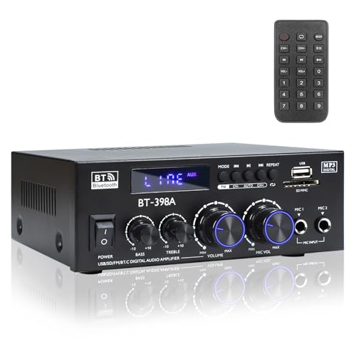 BT-398A Bluetooth 5.0 Stereo Receivers,2 Channel 450W Home Amplifier | 450Wx2 Stereo Receiver with FM Radio,USB/SD/AUX Optical & Coaxial Input for Passive Speakers