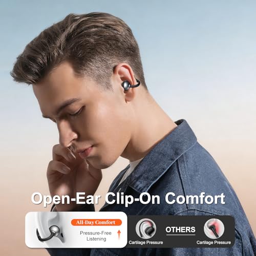 Open-Ear Earbuds, Clip-On Bluetooth 6.0 Headphones, Open-Ring Design Over-The-Ear Earphones, IP67 Waterproof, 48H Playtime, True Wireless Earbuds for Running, Sports, Phone Calls, and Music
