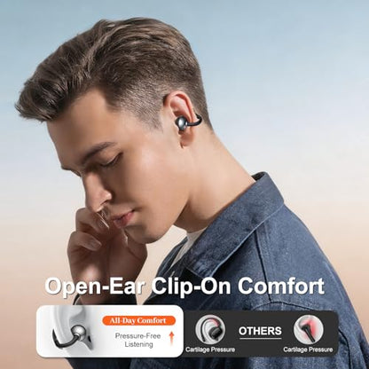 Open-Ear Earbuds, Clip-On Bluetooth 6.0 Headphones, Open-Ring Design Over-The-Ear Earphones, IP67 Waterproof, 48H Playtime, True Wireless Earbuds for Running, Sports, Phone Calls, and Music