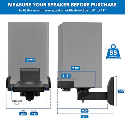 Mount-It! Bookshelf Speaker Wall Mount, Pair of Universal Side Clamping Speaker Shelf Wall Mounting Brackets for Large or Small Speakers, 2 Full Motion Mounts, 55 Lbs Capacity, Black (MI-SB37)