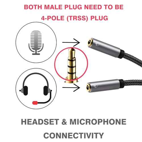Long Headphone Splitter (4ft / 1.2m) Shielded 4-Pole TRRS 3.5 Y Splitter Cable 2-Way Female to Male Headphone Adapter Stereo Audio/Crystal-Nylon Braided / 24K Gold Plated / 99.99% 4N OFC | Hi-Fi Stereo Sound, 24K Gold-Plated, TRRS Mic Support, Music Shari