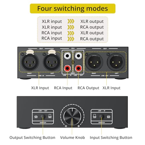 PROZOR 2-IN-2-OUT XLR Balanced/RCA Converter Audio Selector Splitter | Fully Balanced Passive Preamp Switch Box with Volume Control for Active Monitor Speakers, Black - size: XLR + RCA 2-2